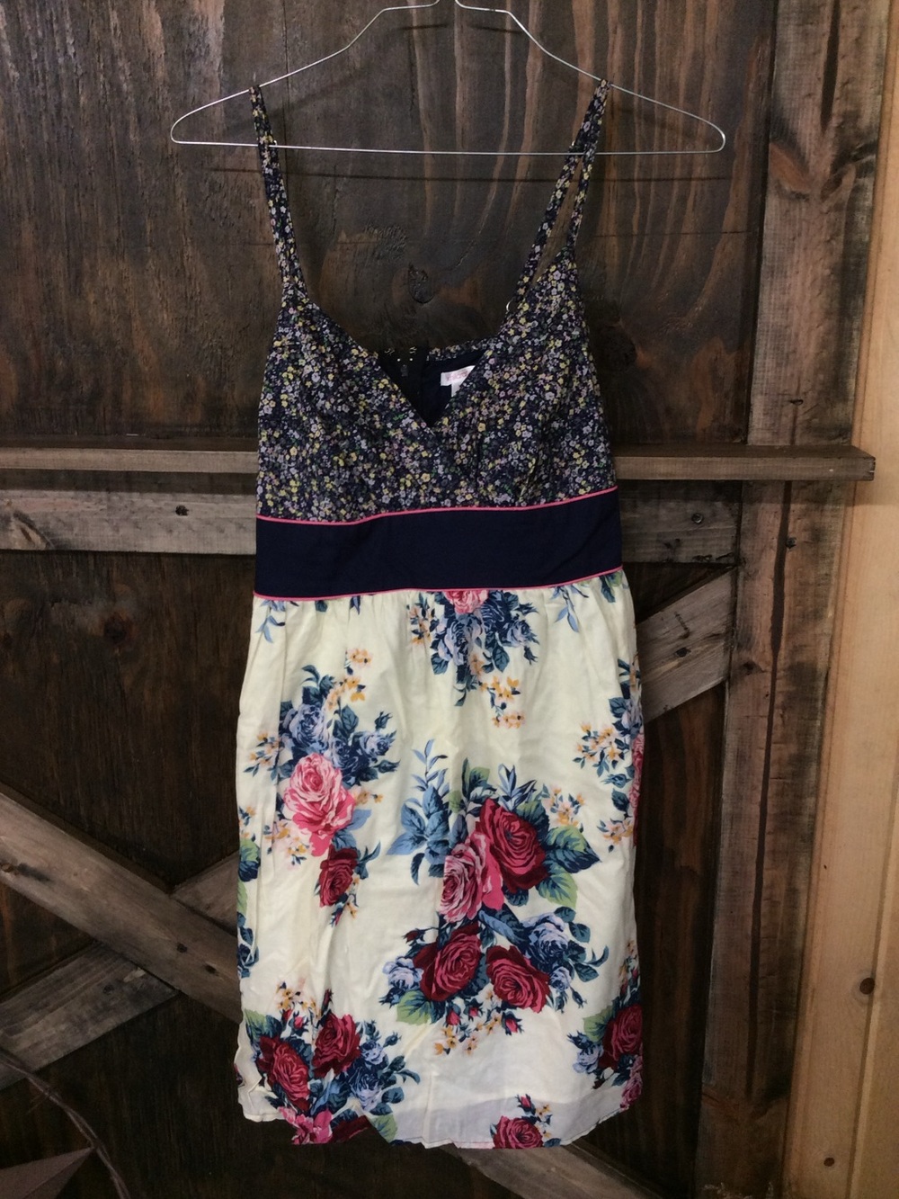 Xhilaration Navy Floral Spaghetti-Strap Dress with Cream Floral Skirt